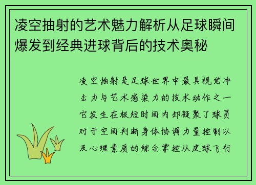 凌空抽射的艺术魅力解析从足球瞬间爆发到经典进球背后的技术奥秘